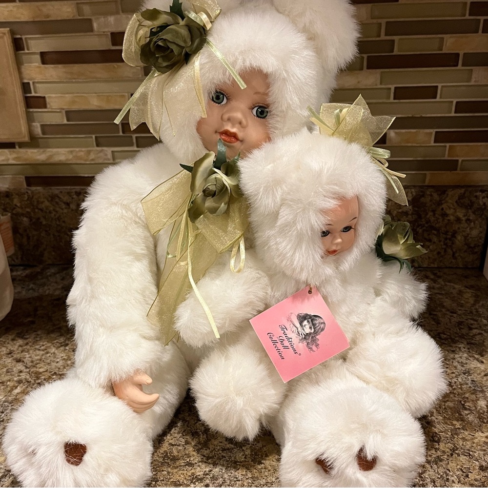 Vintage Traditions Doll Collection Sweet Heart Dolls in White Plush Bear Suit